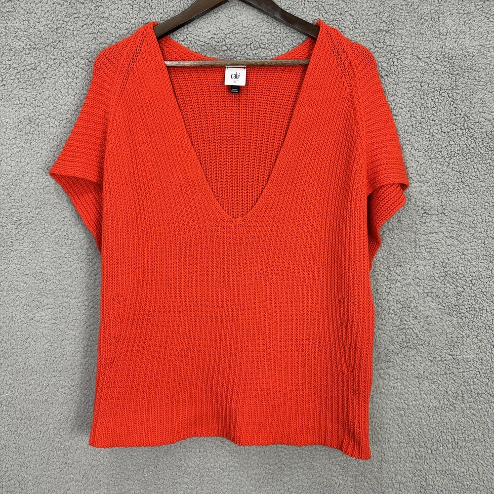 cabi Womens Small Sweater Red Knit Short Sleeve Cap Sleeve V Neck‎ Boho Preppy